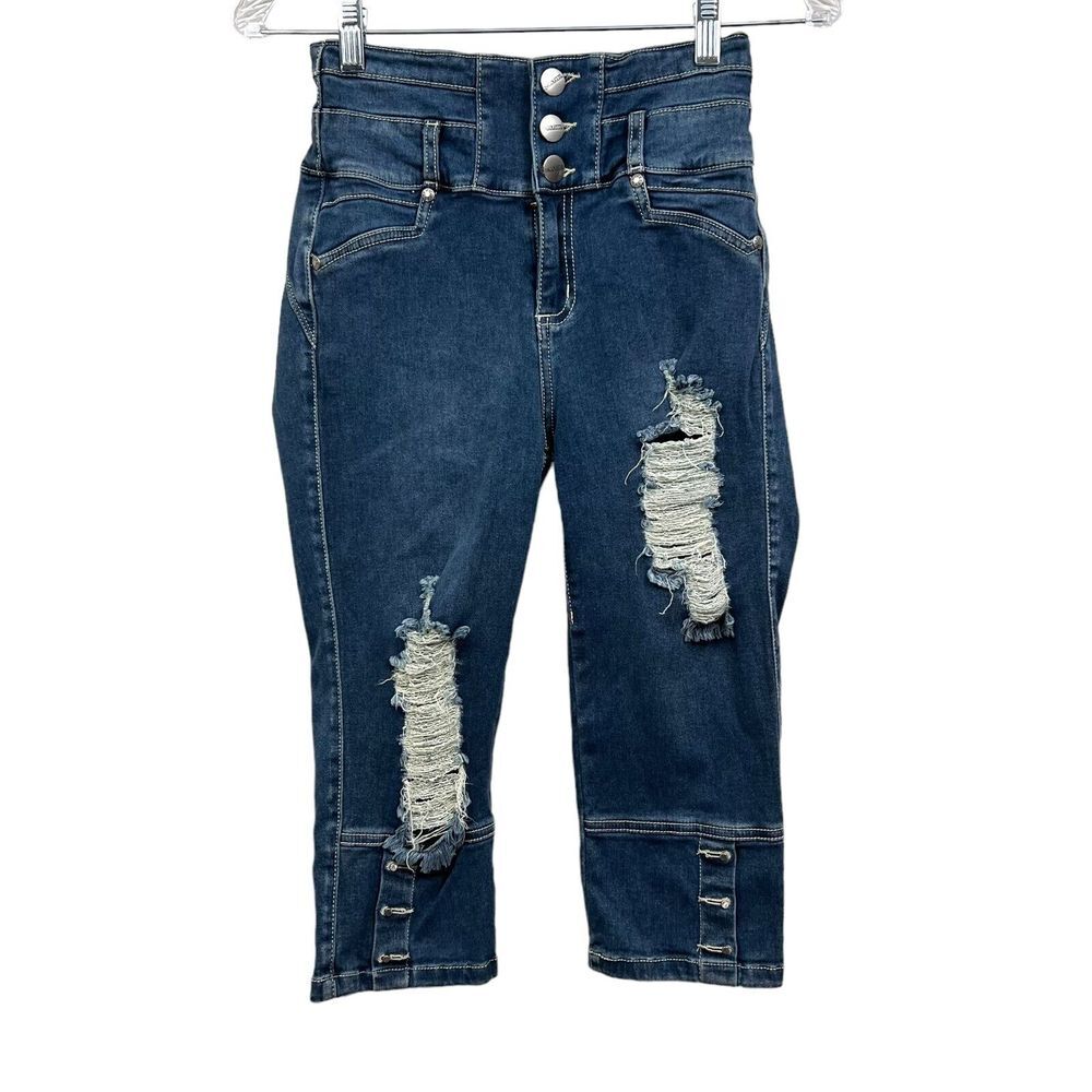 Nicolette Shapewear Women Capri Jeans Stretch Distressed Button Hem Blue Size 7*